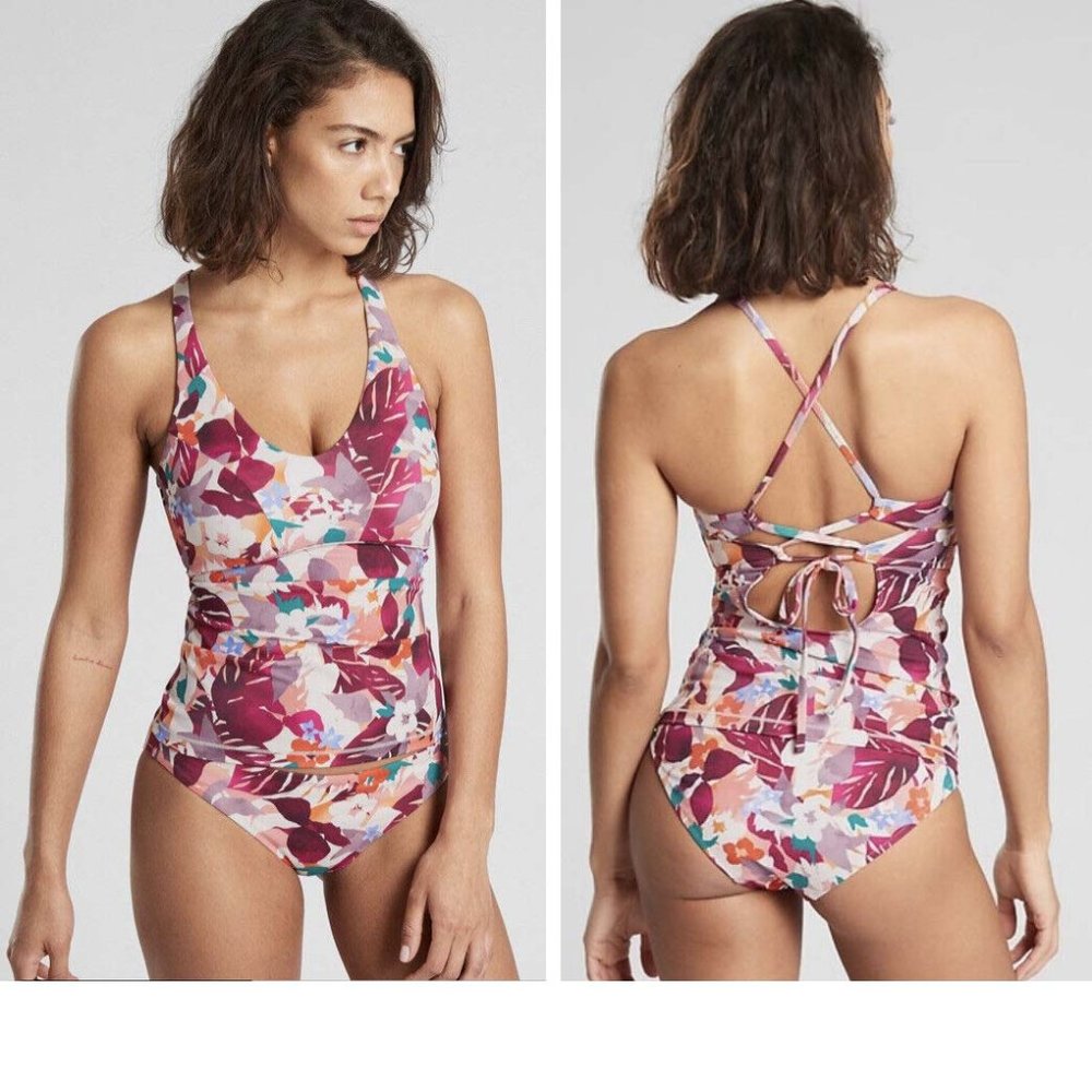 Athleta Daybreak Tropic Triangle Tankini swim top & bottom L criss-cross back